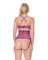 Metallic Stretch Lace & Mesh Teddy w/Detachable Panty - Purple LG