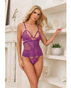 Metallic Stretch Lace & Mesh Teddy w/Detachable Panty - Purple LG