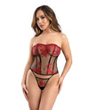 Floral Embroidered Mesh Corset w/G-String - Red/Black Small