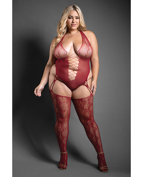 Sheer Pretty Poison Snakeskin Pattern Halter Bodystocking - Burgundy QN