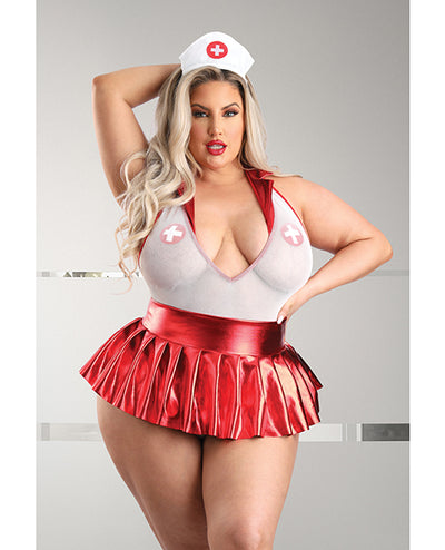 Play Pulse Check Collared Teddy w/Open Back, Pleated Skirt, Medic Hat & Pasties Red/White 1X/2X