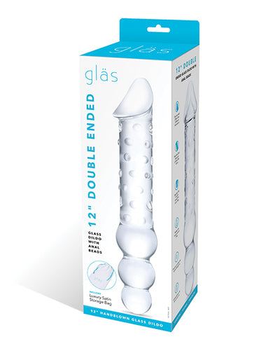 Glas 12" Double Ended Glass Dildo w/Anal Beads - Clear