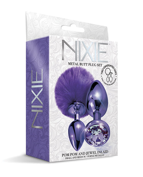 Nixie Metal Butt Plug Set w/Jewel Inlaid & Pom Pom - Purple Metallic