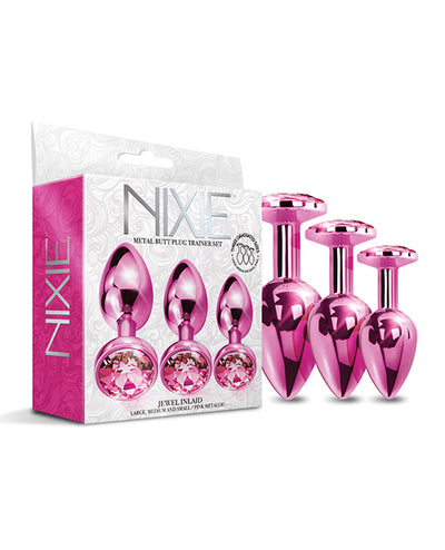 Nixie Metal Butt Plug Trainer Set w/Inlaid Jewel - Pink Metallic