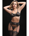 Lace Up Bra w/Heart Detail, Garter Belt & Thong Black O/S