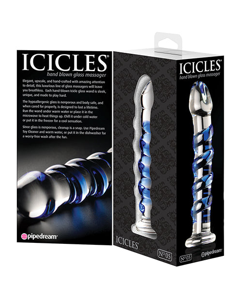 Icicles No. 5 Hand Blown Glass Massager - Clear w/Blue Swirls